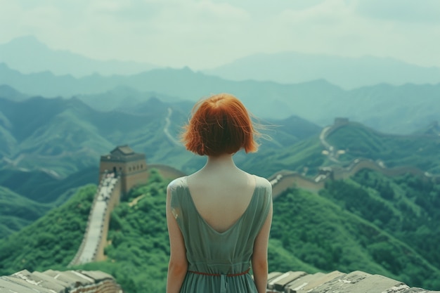 Photo gratuite portrait d'une touriste visitant la grande muraille de chine