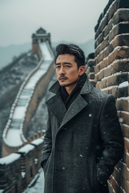 Photo gratuite portrait d'un touriste visitant la grande muraille de chine