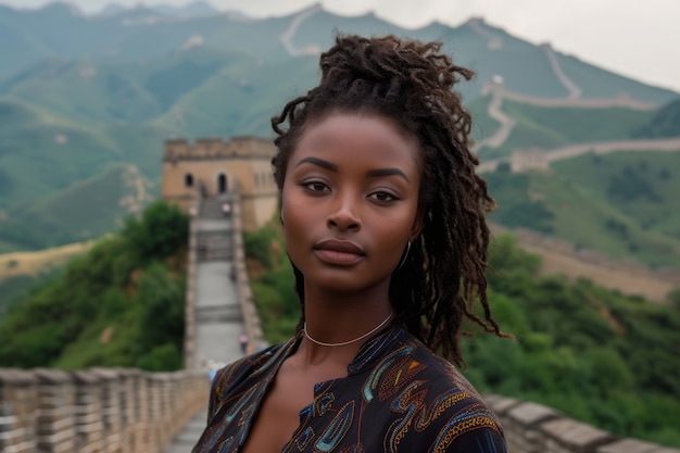 Portrait d'une touriste visitant la Grande Muraille de Chine