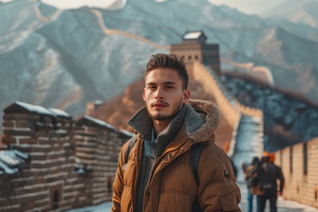 Photo gratuite portrait d'un touriste visitant la grande muraille de chine