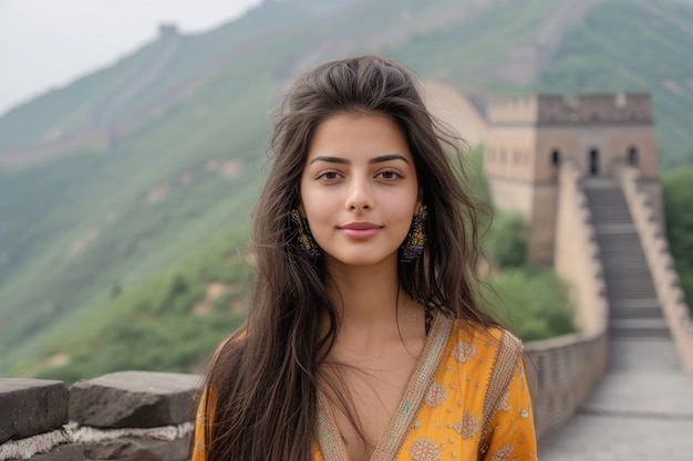 Portrait d'une touriste visitant la Grande Muraille de Chine