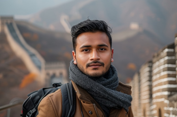 Photo gratuit portrait d'un touriste visitant la grande muraille de chine