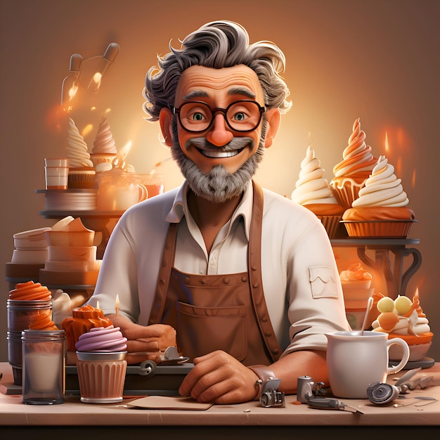 Photo gratuite portrait d'un vieil homme en tablier et lunettes assis à la table avec une tasse de café et un gâteau