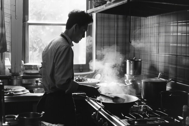 Portrait vintage en noir et blanc d'un homme faisant des travaux ménagers et des tâches ménagères