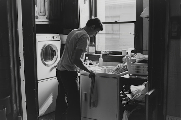 Portrait vintage en noir et blanc d'un homme faisant des travaux ménagers et des tâches ménagères