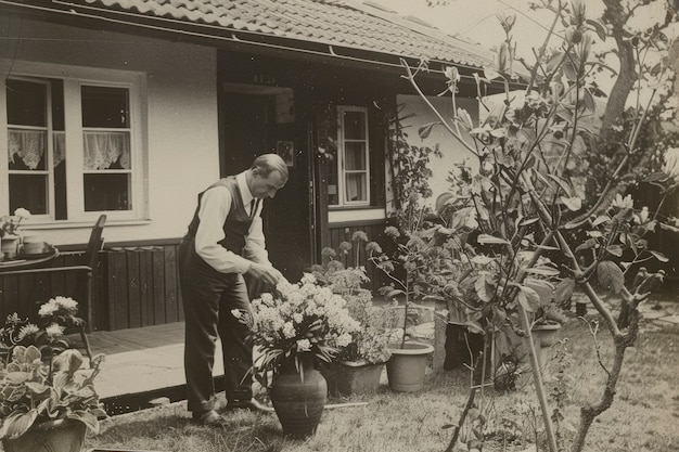 Portrait vintage en noir et blanc d'un homme faisant des travaux ménagers et des tâches ménagères