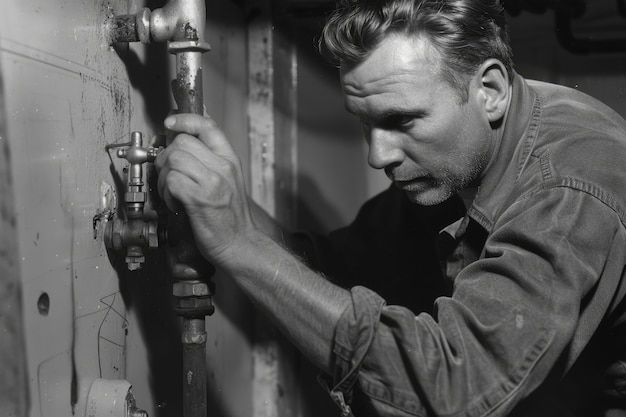 Photo gratuite portrait vintage en noir et blanc d'un homme faisant des travaux ménagers et des tâches ménagères