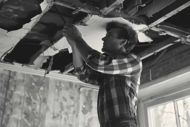 Portrait vintage en noir et blanc d'un homme faisant des travaux ménagers et des tâches ménagères