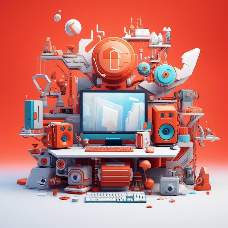 Photo gratuit poste de travail 3d avec ordinateur et périphériques