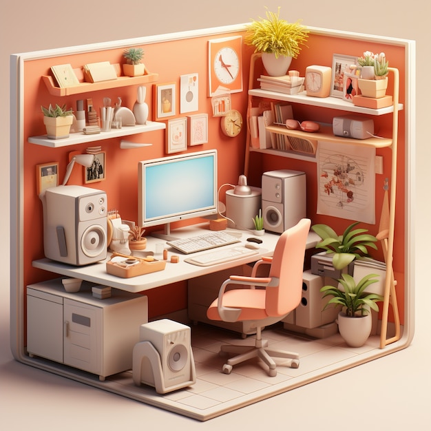 Photo gratuite poste de travail informatique 3d avec bureau dans la chambre