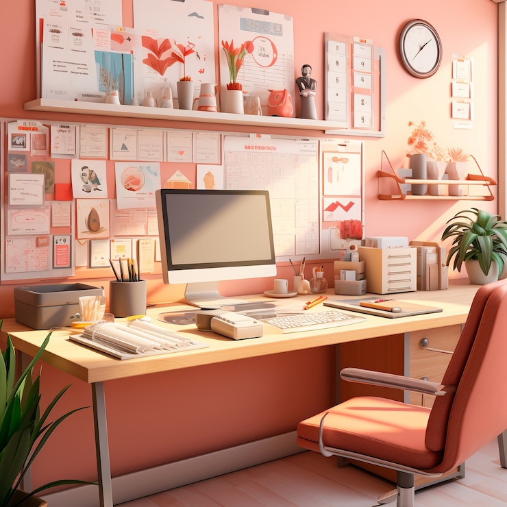 Photo gratuit poste de travail informatique 3d avec bureau dans la chambre