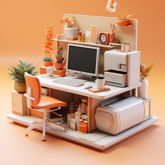 Photo gratuite poste de travail informatique 3d avec bureau dans la chambre