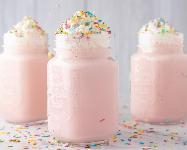 Pot d'une boisson rafraîchissante à la fraise avec diverses pépites de sucre