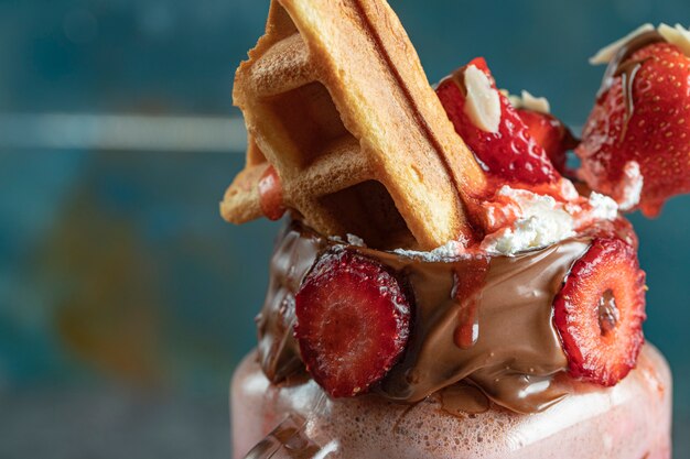 Pot à cocktail laiteux avec fraises et gaufres