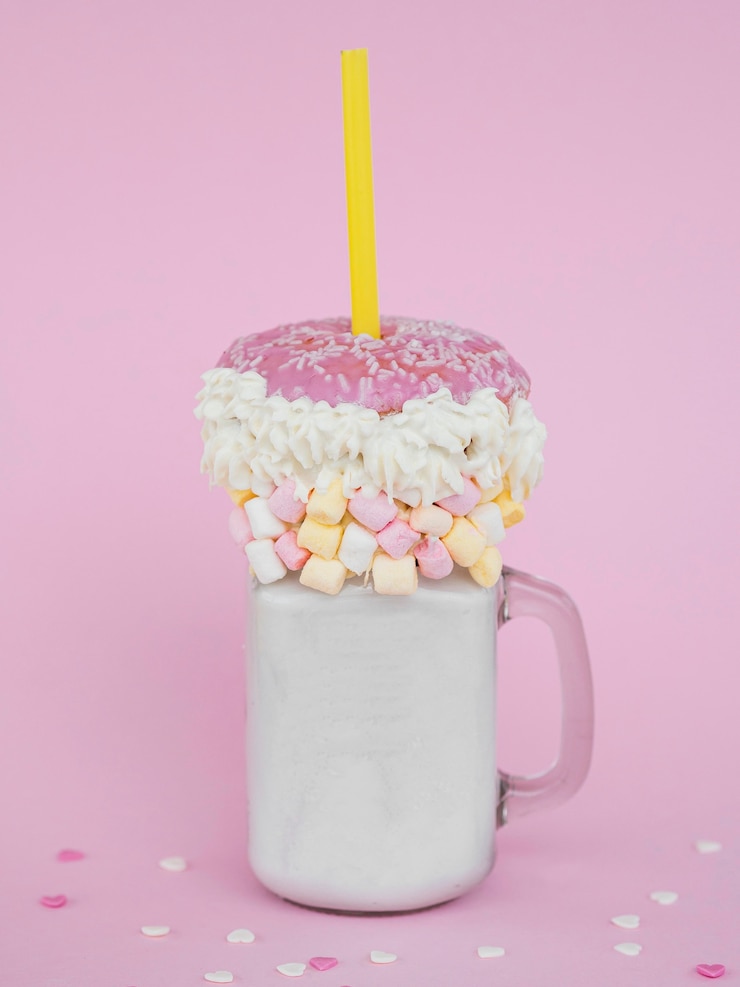 Photo gratuit pot à lait avec beignet rose
