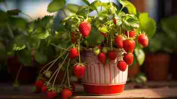 Photo gratuite un pot avec des plants de fraisiers agriculture à la maison