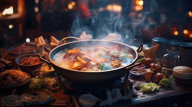 Photo gratuite des potes chaudes à la vapeur avec de la viande et des légumes dans un restaurant confortable