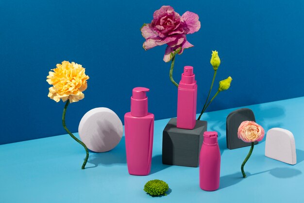Pots de cosmétiques et fleurs