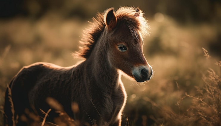Photo gratuit poulain mignon broutant dans un coucher de soleil de prairie paisible généré par l'ia