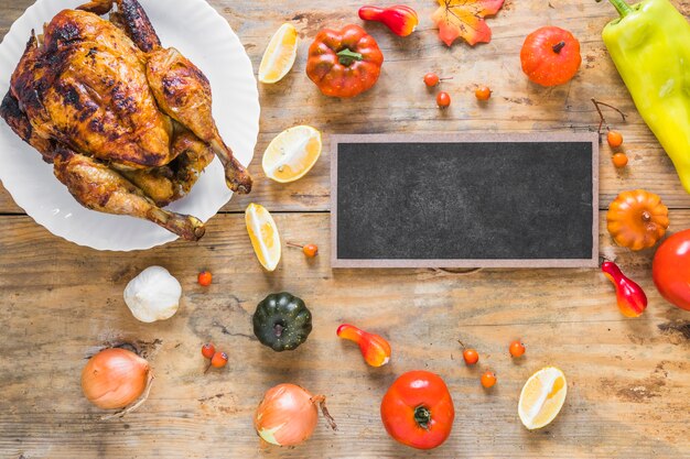 Poulet au four près de légumes près de bord