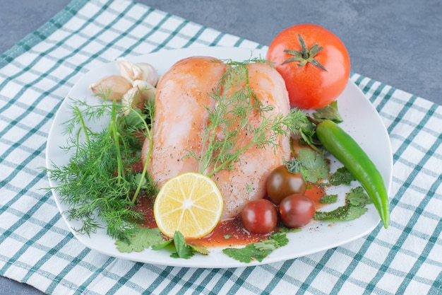 Photo gratuite poulet entier mariné sur assiette avec légumes.