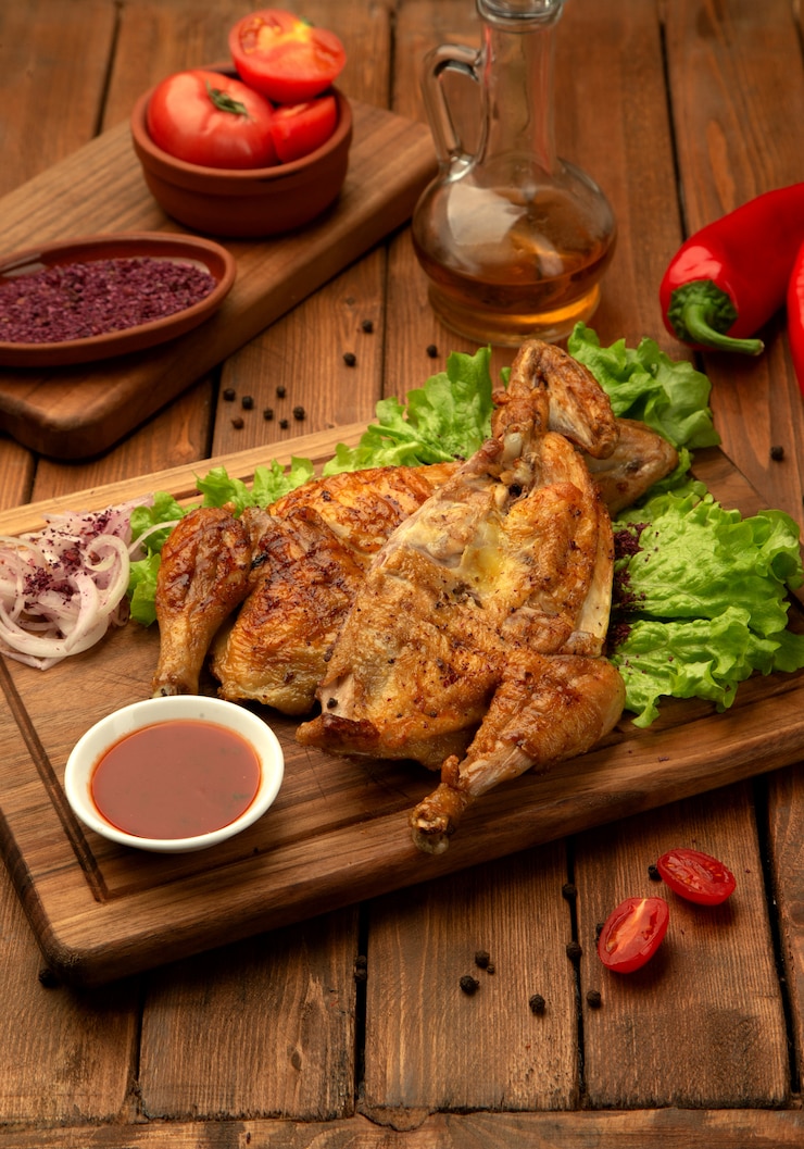 Photo gratuit poulet grillé à l'oignon et au ketchup