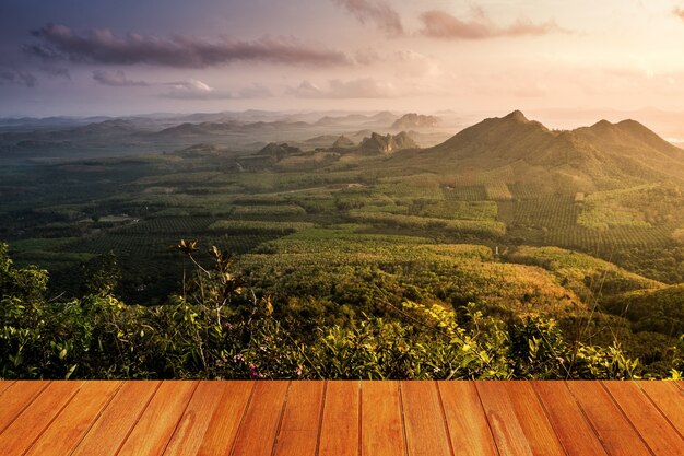 Prairie avec une montagne vu à partir d&#39;une table en bois