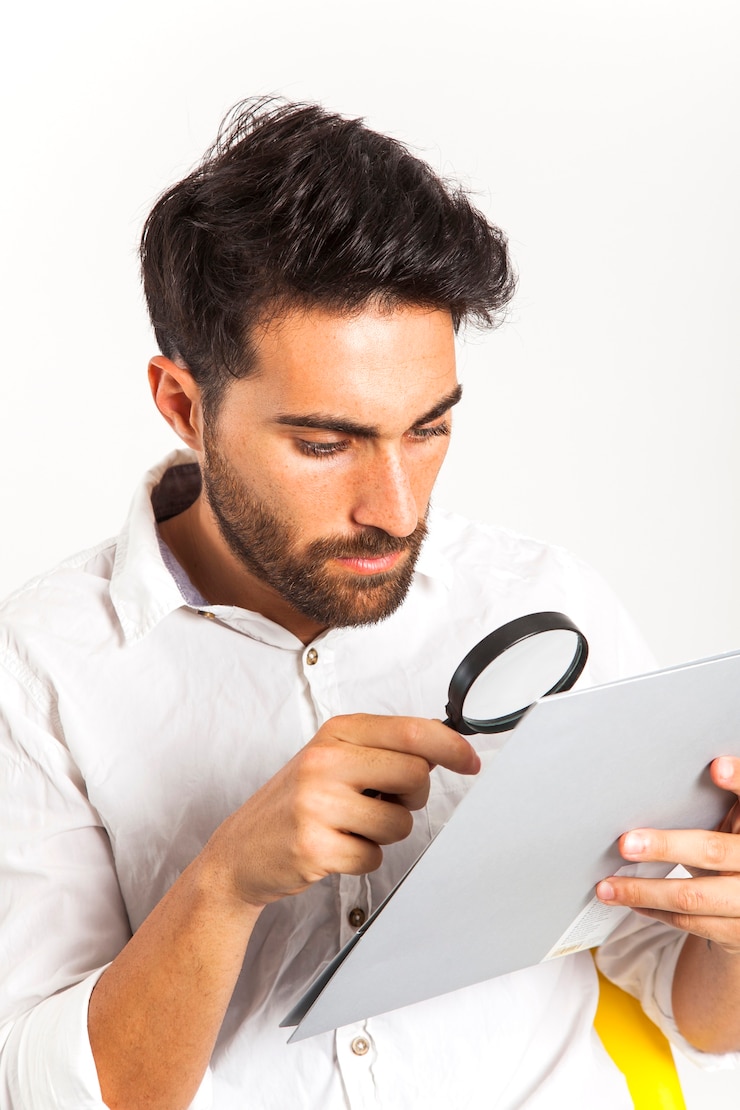 Photo gratuit premier plan d&#39;homme d&#39;affaires avec loupe