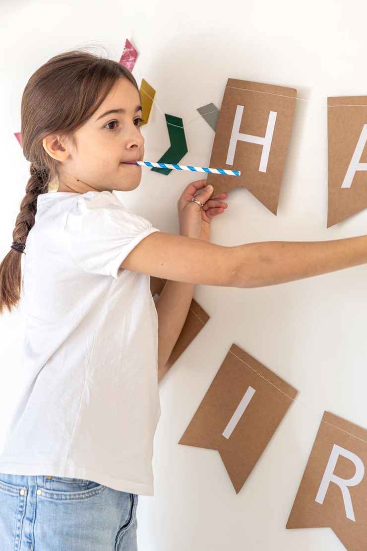 Photo gratuit la préparation pour l'anniversaire de la fille accroche un panneau d'anniversnaire heureux sur un mur
