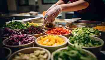 Photo gratuite préparation de salade végétarienne saine par un chef gastronomique générée par l'ia