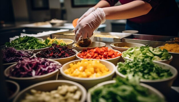 Préparation de salade végétarienne saine par un chef gastronomique générée par l'IA