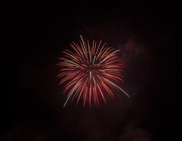 Prise de vue en contre-plongée d'un beau feu d'artifice rouge isolé sur ciel noir