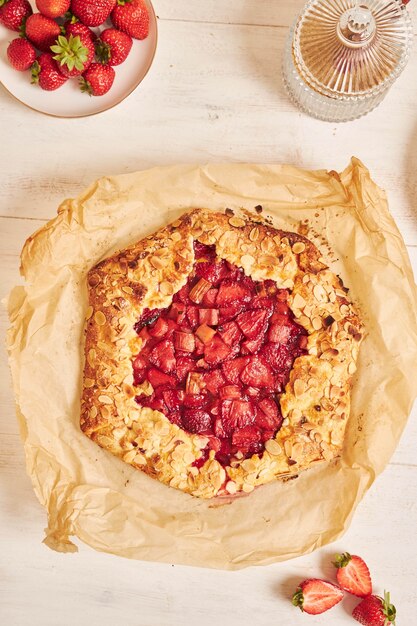 Prise de vue en grand angle de délicieux gâteau gallate de fraises à la rhubarbe avec des ingrédients sur un tableau blanc