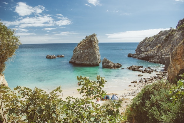 Photo gratuite prise de vue en grand angle d'un grand nombre de formations rocheuses près de la mer sur la plage pendant la journée