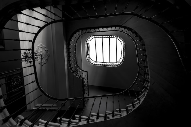 Prise de vue en niveaux de gris de l'escalier en colimaçon d'un immeuble