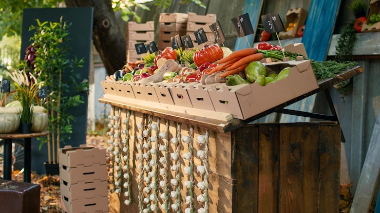 Photo gratuit produits agricoles cultivés localement au stand vide du marché des agriculteurs
