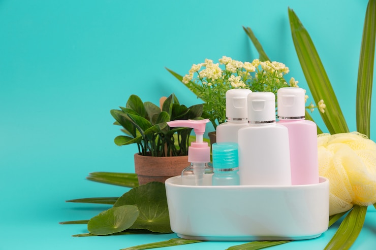Photo gratuit produits cosmétiques pour femmes placés sur un bleu.