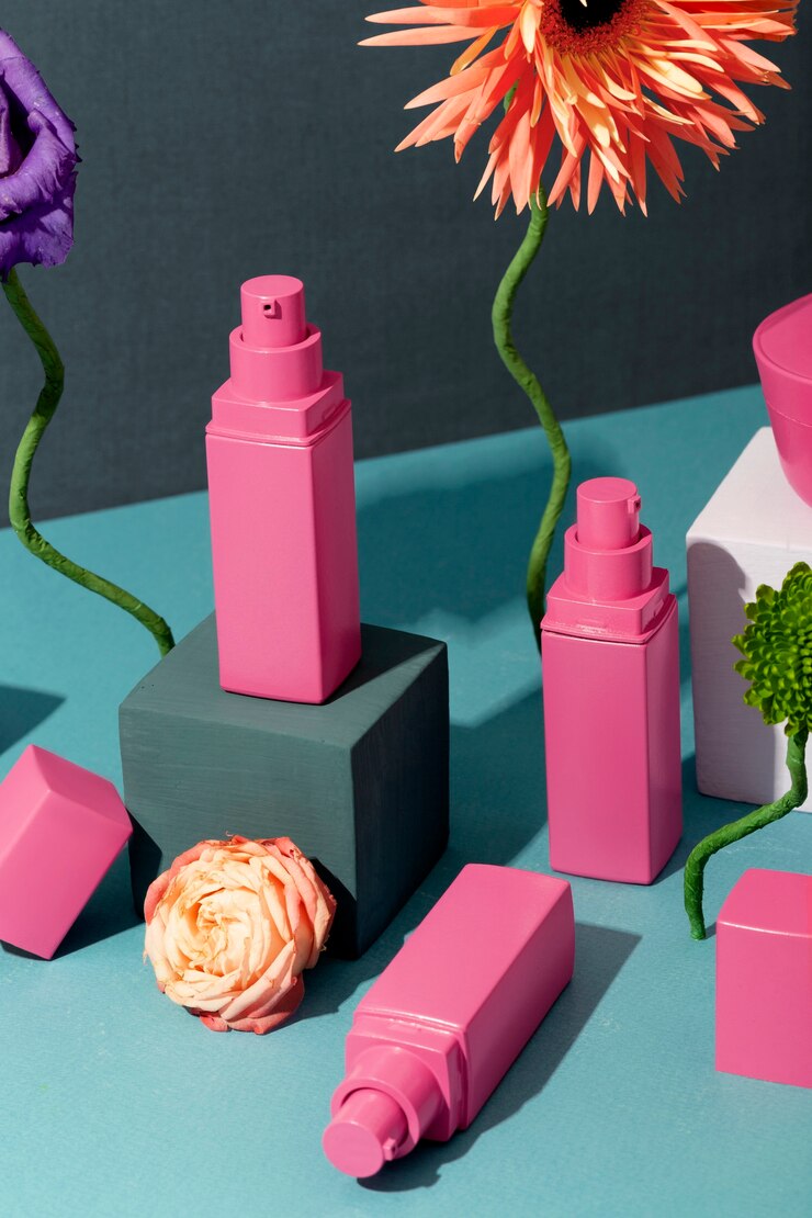 Photo gratuit produits cosmétiques roses et fleurs grand angle