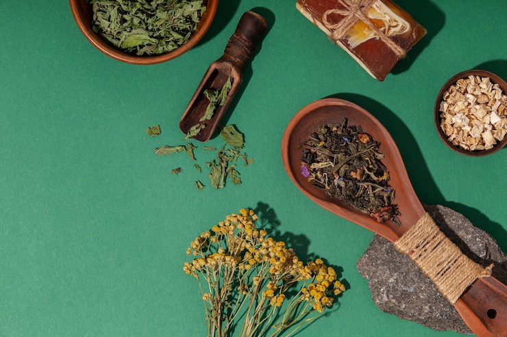 Photo gratuit produits de phytothérapie à plat