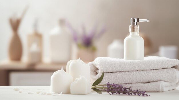 Produits de toilette, savons, serviettes, crèmes et lotions sur un fond de spa de salle de bain blanc flou