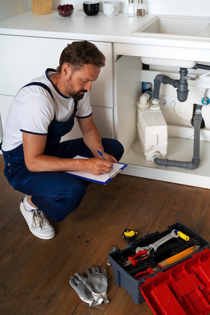 Professionnel de la plomberie fait son travail