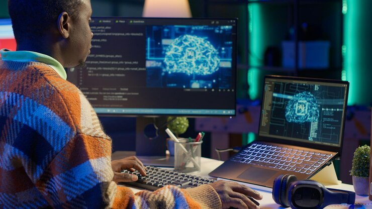 Photo gratuit un programmeur noir gère le code et les scripts dans l'intelligence artificielle.