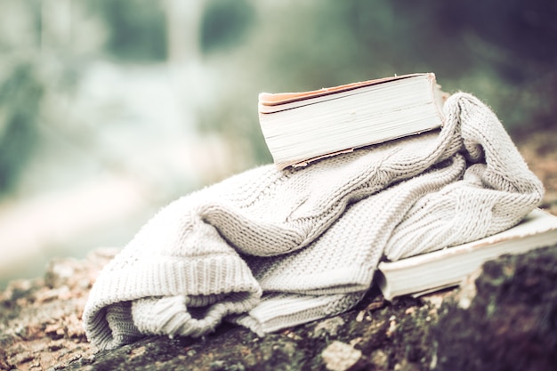 pull tricoté avec un livre sur fond nature