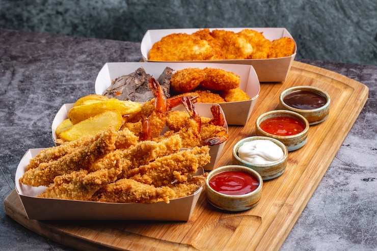 Photo gratuit quatre boîtes de pépites avec du fromage de crevettes au poulet et du poisson avec quatre sauce
