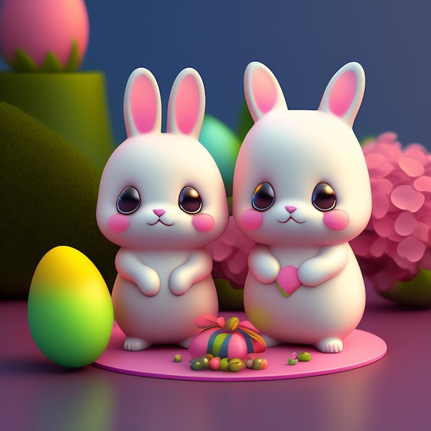 Quelques figurines de lapin se tiennent à côté d'un œuf de Pâques décoré.