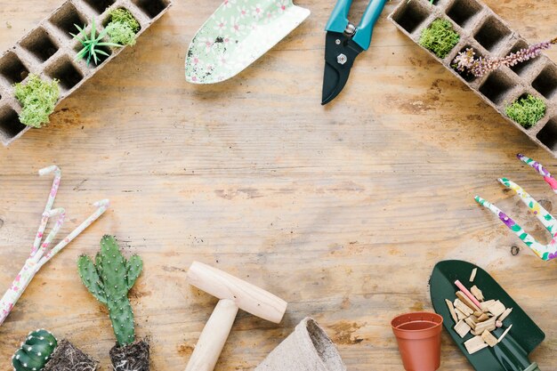 Équipements de jardinage et plateau de tourbe; pot en plastique sur fond en bois