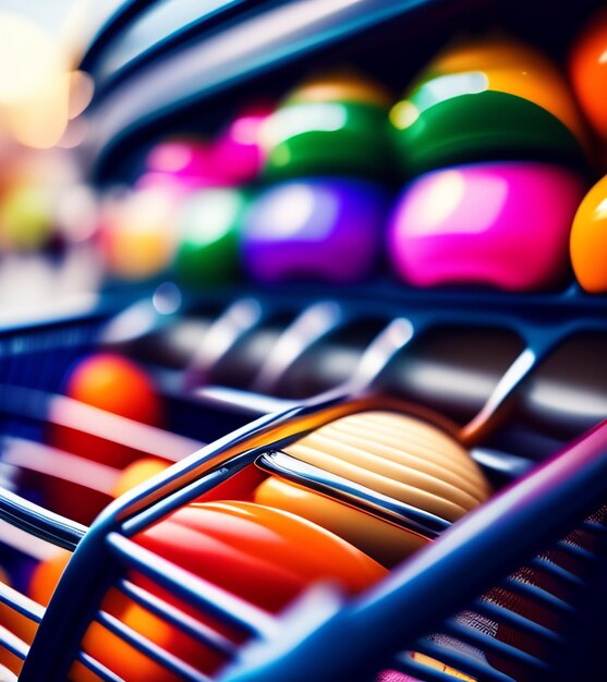 Un rack bleu avec de nombreuses boules colorées dedans