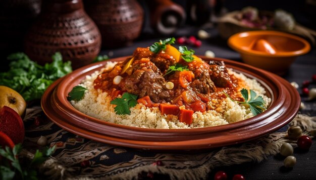 Ragoût de bœuf biologique gastronomique avec des légumes frais générés par l'IA