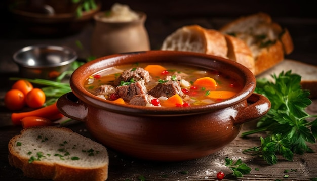 Ragoût de bœuf fait maison cuit dans une casserole rustique générée par l'IA