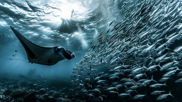 Photo gratuite une raies manta réaliste dans l'eau de mer